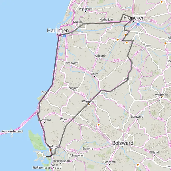 Map miniature of "Franeker Countryside Tour" cycling inspiration in Friesland (NL), Netherlands. Generated by Tarmacs.app cycling route planner