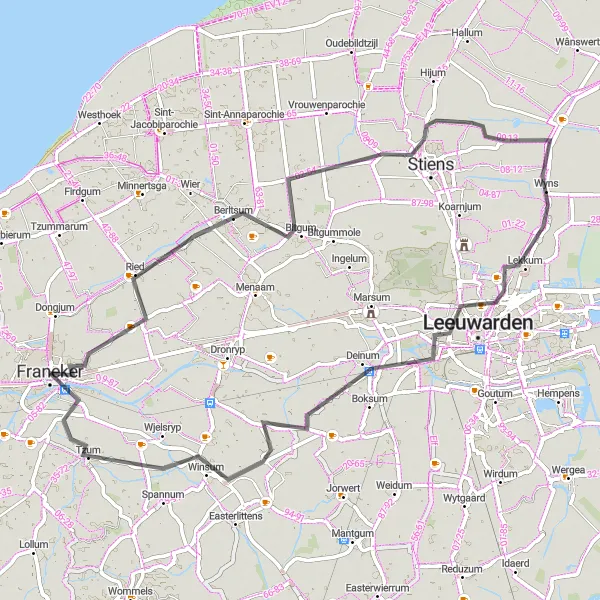 Miniatuurkaart van de fietsinspiratie "Wegroute Franeker: Historische Dorpen en Natuurschoon" in Friesland (NL), Netherlands. Gemaakt door de Tarmacs.app fietsrouteplanner