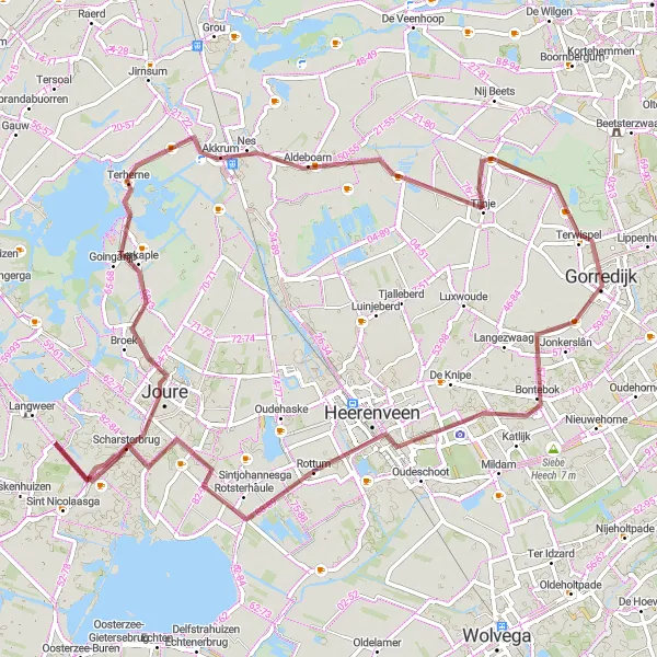 Miniatuurkaart van de fietsinspiratie "Rondrit vanuit Gorredijk naar Akkrum" in Friesland (NL), Netherlands. Gemaakt door de Tarmacs.app fietsrouteplanner
