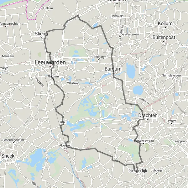 Map miniature of "The Frisian Panoramas" cycling inspiration in Friesland (NL), Netherlands. Generated by Tarmacs.app cycling route planner