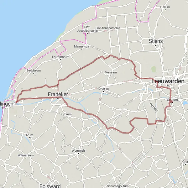 Map miniature of "Coastal Gravel Adventure" cycling inspiration in Friesland (NL), Netherlands. Generated by Tarmacs.app cycling route planner