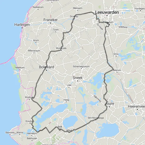 Map miniature of "Around the Lakes" cycling inspiration in Friesland (NL), Netherlands. Generated by Tarmacs.app cycling route planner