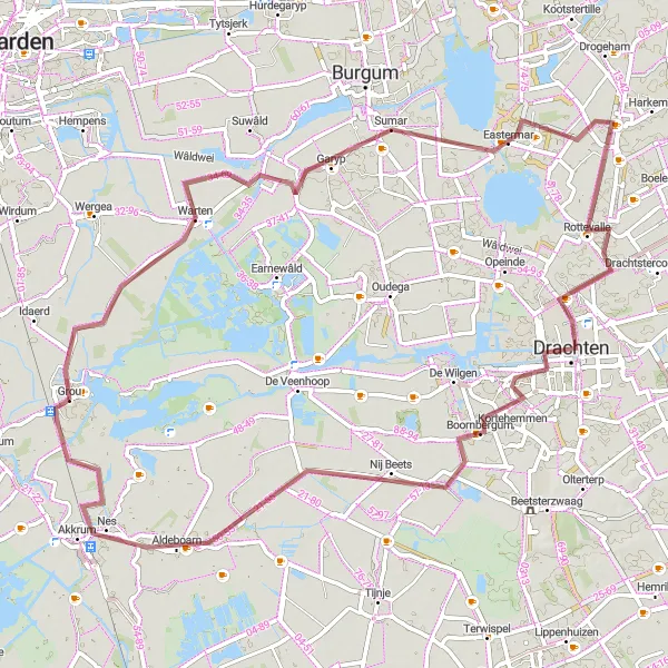 Miniatuurkaart van de fietsinspiratie "Gravelroute vanuit Grou richting Drachten" in Friesland (NL), Netherlands. Gemaakt door de Tarmacs.app fietsrouteplanner