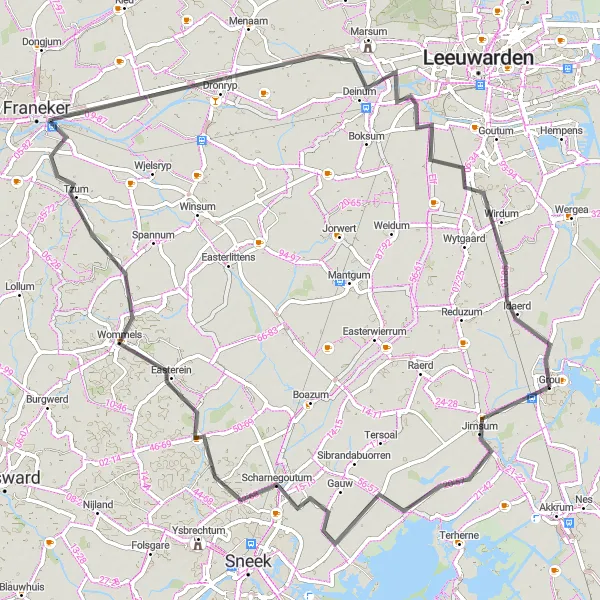 Map miniature of "Goënga to Grou Road Route" cycling inspiration in Friesland (NL), Netherlands. Generated by Tarmacs.app cycling route planner