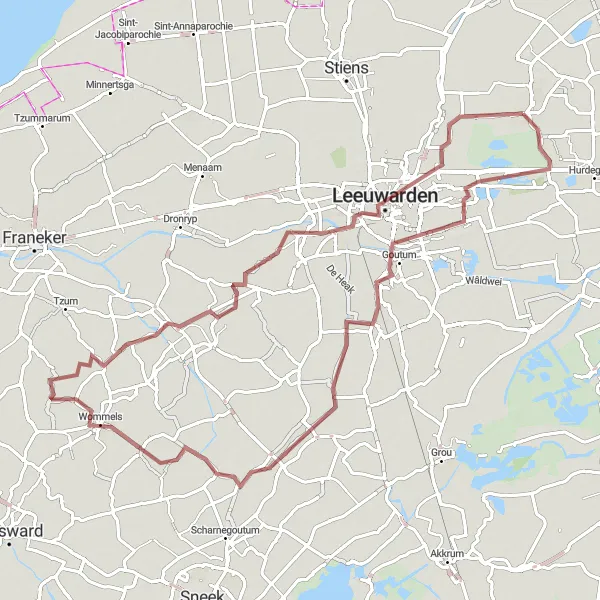 Map miniature of "Picturesque Gravel Route around Gytsjerk" cycling inspiration in Friesland (NL), Netherlands. Generated by Tarmacs.app cycling route planner