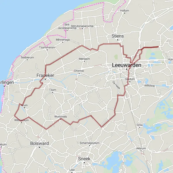 Miniatuurkaart van de fietsinspiratie "Historisch rondje Leeuwarden - Wiuwert - Witmarsum - Franeker - Berltsum - Lekkum" in Friesland (NL), Netherlands. Gemaakt door de Tarmacs.app fietsrouteplanner