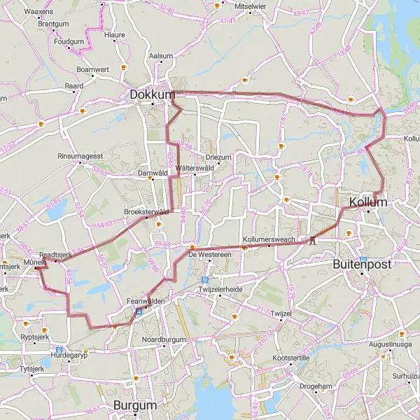 Miniatuurkaart van de fietsinspiratie "Avontuurlijk rondje Broeksterwâld - Ie - Kollum - Feanwâlden - It Bûtefjild" in Friesland (NL), Netherlands. Gemaakt door de Tarmacs.app fietsrouteplanner