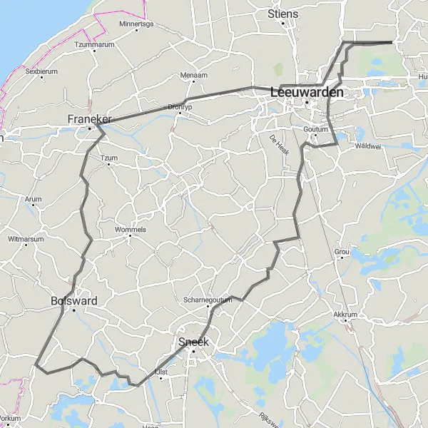 Map miniature of "Road Cycling Adventure: From Gyzsjerk to Lekkum" cycling inspiration in Friesland (NL), Netherlands. Generated by Tarmacs.app cycling route planner