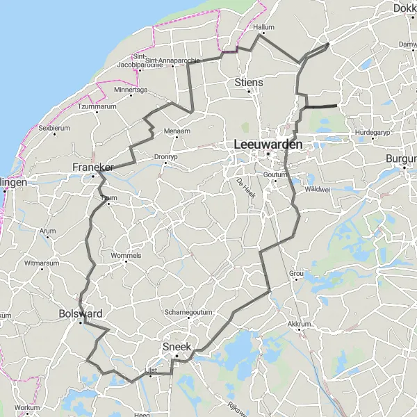 Map miniature of "Gytsjerk to Bolsward" cycling inspiration in Friesland (NL), Netherlands. Generated by Tarmacs.app cycling route planner