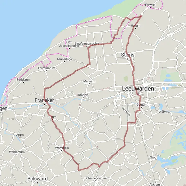 Map miniature of "Hallum-Koarnjum-Boazum-Easterein-Ried-Vrouwenparochie-Westernijtsjerk-Hallum" cycling inspiration in Friesland (NL), Netherlands. Generated by Tarmacs.app cycling route planner