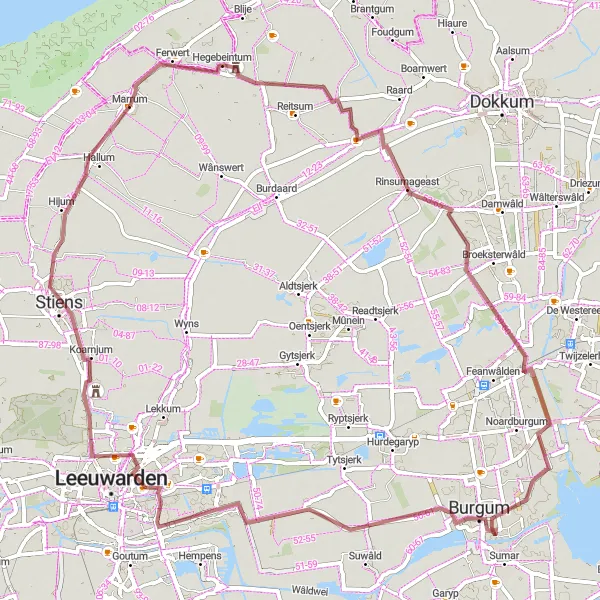 Map miniature of "Hallum-Rinsumageast-Noardermar-Lytse Geast-Koarnjum-Hijum-Hallum" cycling inspiration in Friesland (NL), Netherlands. Generated by Tarmacs.app cycling route planner