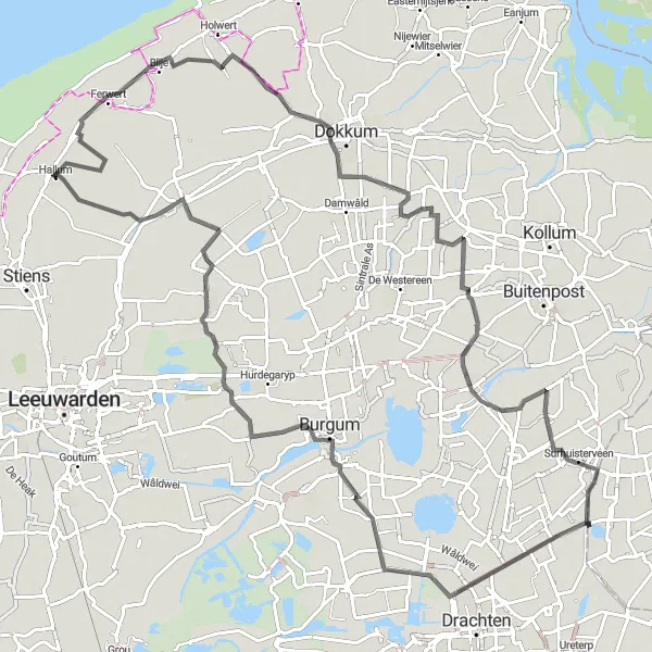 Map miniature of "Hallum - Burdaard Circular Road Route" cycling inspiration in Friesland (NL), Netherlands. Generated by Tarmacs.app cycling route planner