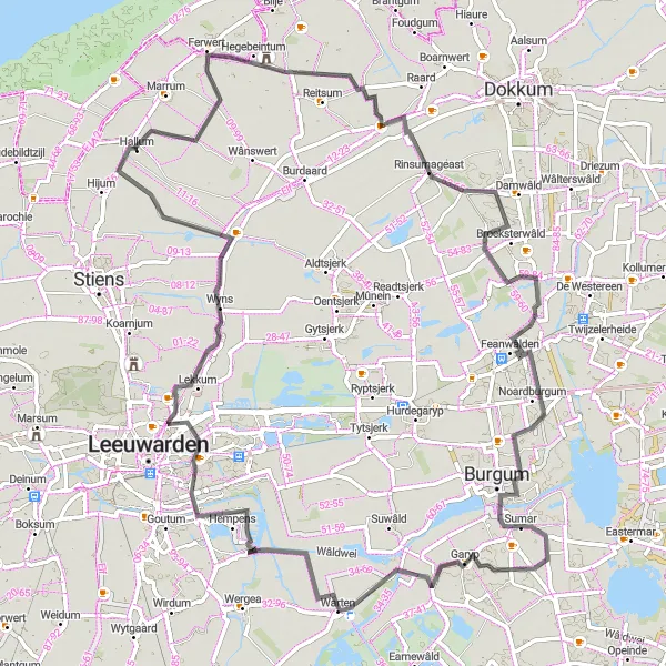 Map miniature of "Hallum-Rinsumageast-De Falom-Garyp-Snakkerburen-Bartlehiem-Hallum" cycling inspiration in Friesland (NL), Netherlands. Generated by Tarmacs.app cycling route planner