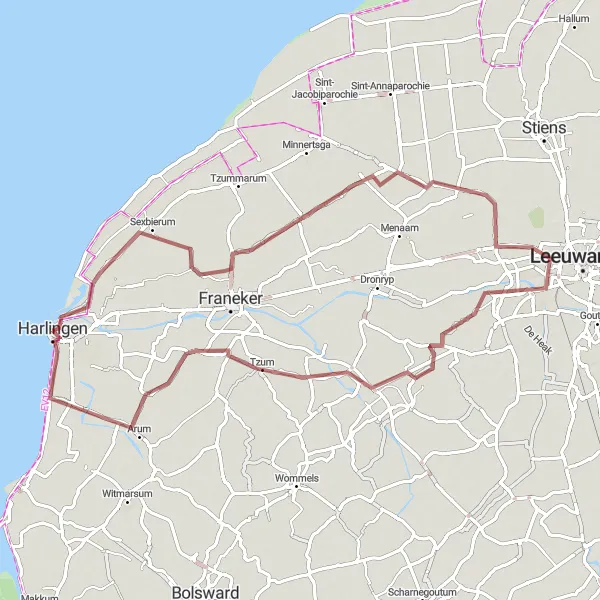 Map miniature of "Harlingen Gravel Adventure" cycling inspiration in Friesland (NL), Netherlands. Generated by Tarmacs.app cycling route planner