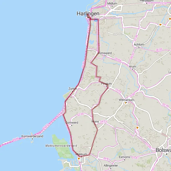 Map miniature of "Harlingen Gravel Route" cycling inspiration in Friesland (NL), Netherlands. Generated by Tarmacs.app cycling route planner