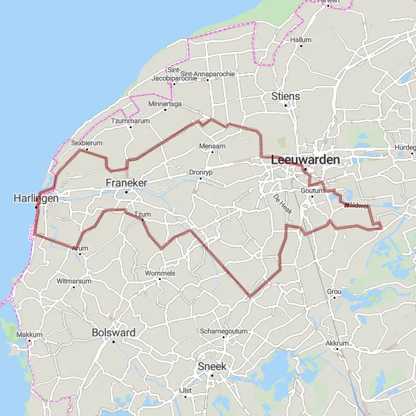 Map miniature of "Frisean Fenland Gravel Adventure" cycling inspiration in Friesland (NL), Netherlands. Generated by Tarmacs.app cycling route planner