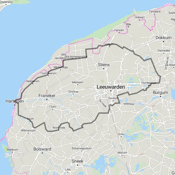 Map miniature of "Harlingen to Kimswerd Cycling Adventure" cycling inspiration in Friesland (NL), Netherlands. Generated by Tarmacs.app cycling route planner