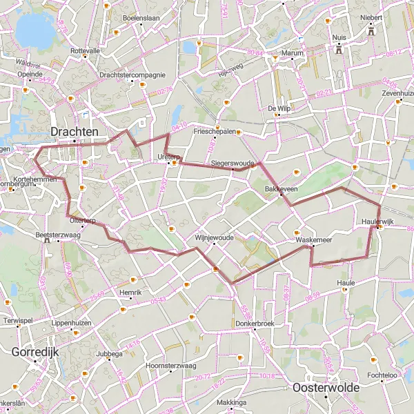 Map miniature of "Hidden Gems of Haulerwijk Gravel Circuit" cycling inspiration in Friesland (NL), Netherlands. Generated by Tarmacs.app cycling route planner