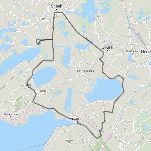 Map miniature of "Heeg to Oppenhuizen and back" cycling inspiration in Friesland (NL), Netherlands. Generated by Tarmacs.app cycling route planner