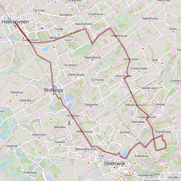 Map miniature of "Katlijk-Siebe Heech-Oldeberkoop-Frederiksoord-Wapserveen-Woldberg-Wolvega-Oudeschoot" cycling inspiration in Friesland (NL), Netherlands. Generated by Tarmacs.app cycling route planner