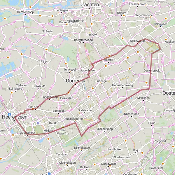 Map miniature of "Gorredijk-Wijnjewoude-Donkerbroek-Nieuwehorne-Woutersberg-Oudeschoot" cycling inspiration in Friesland (NL), Netherlands. Generated by Tarmacs.app cycling route planner