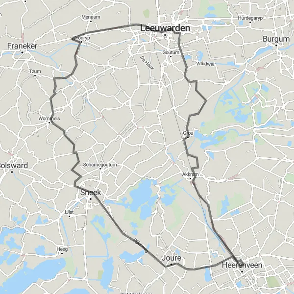 Map miniature of "Joure-Sneek-Wommels-Leeuwarden-Grou-Haskerdijken" cycling inspiration in Friesland (NL), Netherlands. Generated by Tarmacs.app cycling route planner