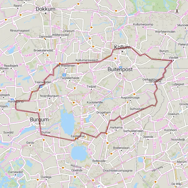 Miniatuurkaart van de fietsinspiratie "Avontuurlijke gravelroute via Kollum en Burgum" in Friesland (NL), Netherlands. Gemaakt door de Tarmacs.app fietsrouteplanner