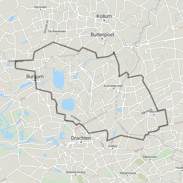 Miniatuurkaart van de fietsinspiratie "Rondrit naar De Wilp en Opeinde" in Friesland (NL), Netherlands. Gemaakt door de Tarmacs.app fietsrouteplanner