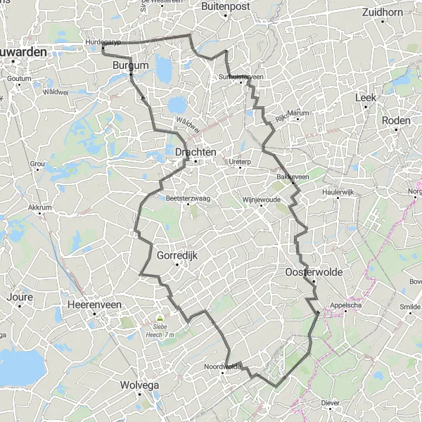 Map miniature of "The Friesland Countryside" cycling inspiration in Friesland (NL), Netherlands. Generated by Tarmacs.app cycling route planner