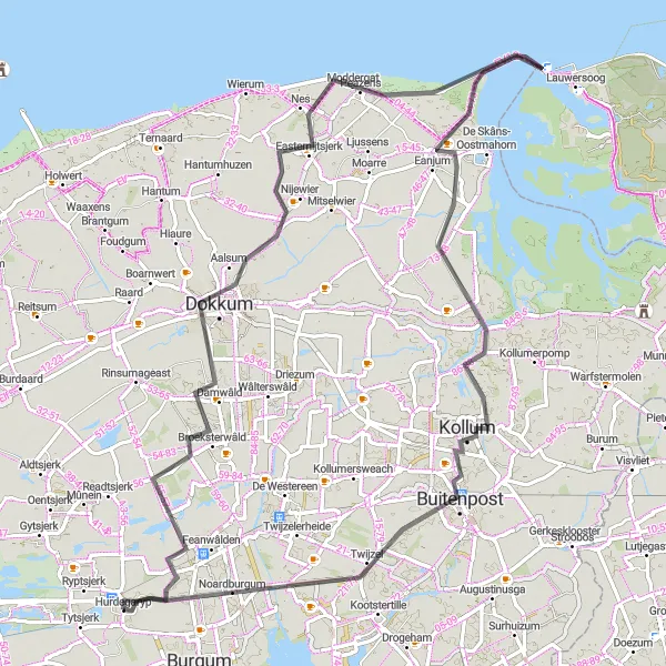 Miniatuurkaart van de fietsinspiratie "Tocht naar Eanjum en Dokkum" in Friesland (NL), Netherlands. Gemaakt door de Tarmacs.app fietsrouteplanner