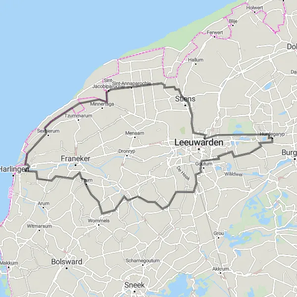 Miniatuurkaart van de fietsinspiratie "Langs Sint-Annaparochie en Tzum" in Friesland (NL), Netherlands. Gemaakt door de Tarmacs.app fietsrouteplanner