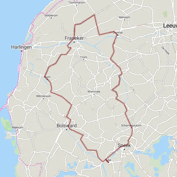 Miniatuurkaart van de fietsinspiratie "Avontuurlijk Gravel Avontuur van IJlst naar Sneek" in Friesland (NL), Netherlands. Gemaakt door de Tarmacs.app fietsrouteplanner
