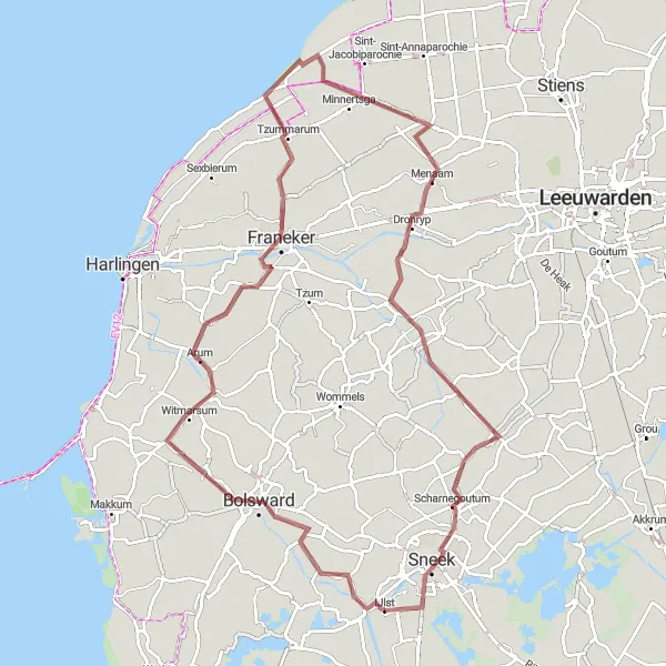 Map miniature of "Bolsward - Witmarsum - Sneek - Bolsward" cycling inspiration in Friesland (NL), Netherlands. Generated by Tarmacs.app cycling route planner