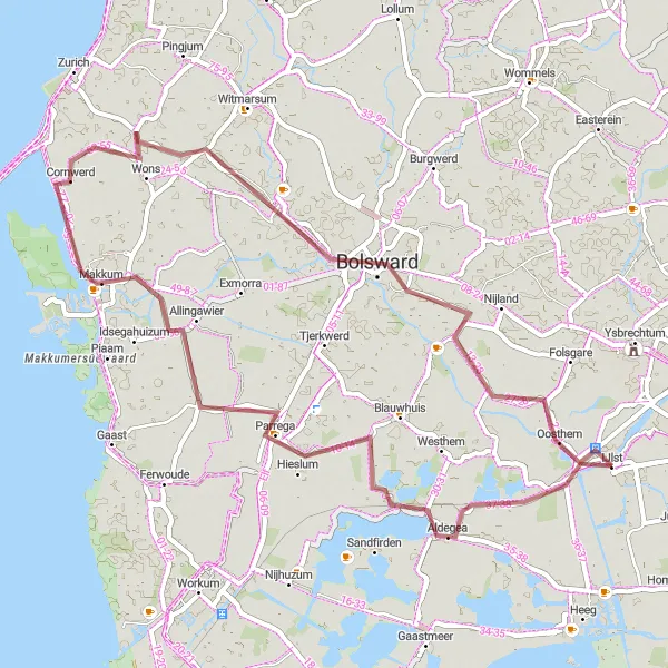 Map miniature of "Aldegea - Parrega - Schraard - Bolsward - IJlst" cycling inspiration in Friesland (NL), Netherlands. Generated by Tarmacs.app cycling route planner