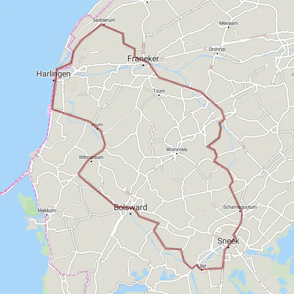 Map miniature of "IJlst - Bolsward - Winsum - Sneek - IJlst" cycling inspiration in Friesland (NL), Netherlands. Generated by Tarmacs.app cycling route planner