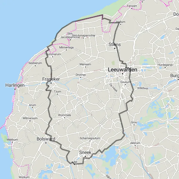 Map miniature of "IJlst to Offingawier Loop" cycling inspiration in Friesland (NL), Netherlands. Generated by Tarmacs.app cycling route planner