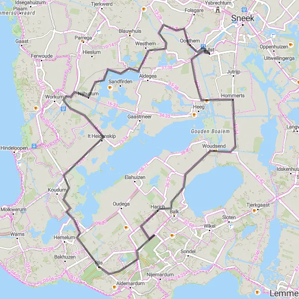 Map miniature of "Heeg - Woudsend - Koudum - Nijhuzum - IJlst" cycling inspiration in Friesland (NL), Netherlands. Generated by Tarmacs.app cycling route planner