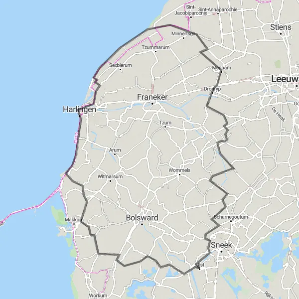 Miniatuurkaart van de fietsinspiratie "Historische steden en pittoreske dorpjes" in Friesland (NL), Netherlands. Gemaakt door de Tarmacs.app fietsrouteplanner
