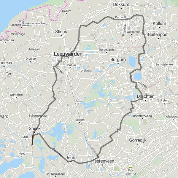 Miniatuurkaart van de fietsinspiratie "Langeafstandsroute van Sneek naar Leeuwarden" in Friesland (NL), Netherlands. Gemaakt door de Tarmacs.app fietsrouteplanner