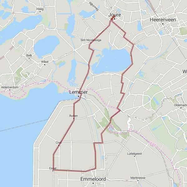Map miniature of "Gravel Adventure Around Joure" cycling inspiration in Friesland (NL), Netherlands. Generated by Tarmacs.app cycling route planner