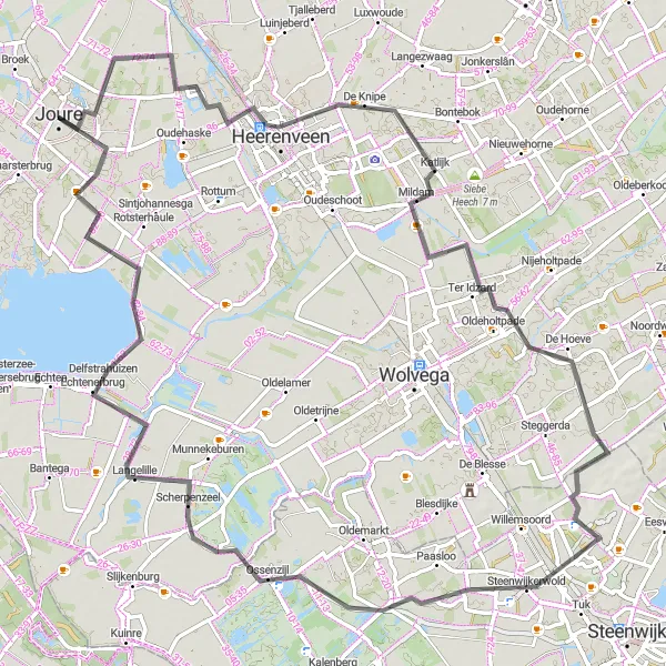 Miniatuurkaart van de fietsinspiratie "Heerenveen en Steenwijkerwold Route" in Friesland (NL), Netherlands. Gemaakt door de Tarmacs.app fietsrouteplanner