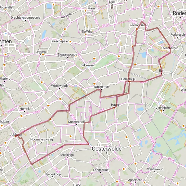 Map miniature of "Waskemeer and Haulerwijk Gravel Loop" cycling inspiration in Friesland (NL), Netherlands. Generated by Tarmacs.app cycling route planner