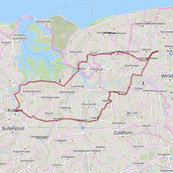 Miniatuurkaart van de fietsinspiratie "Gravelroute Kollum - Kaap Garmt" in Friesland (NL), Netherlands. Gemaakt door de Tarmacs.app fietsrouteplanner