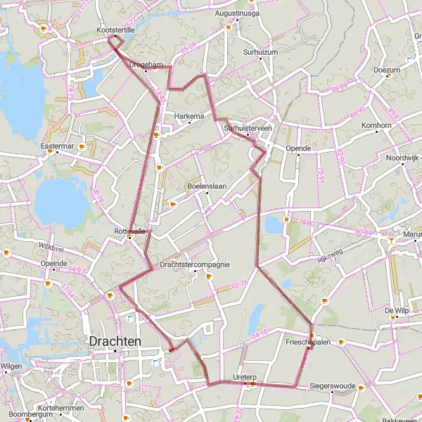 Map miniature of "Gravel Excursion to Frieschepalen and Rottevalle" cycling inspiration in Friesland (NL), Netherlands. Generated by Tarmacs.app cycling route planner