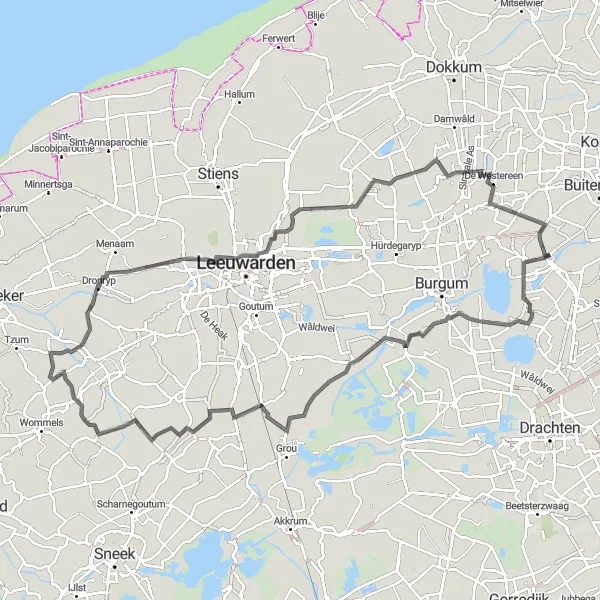 Map miniature of "Excursion to It Heechsân and Gytsjerk" cycling inspiration in Friesland (NL), Netherlands. Generated by Tarmacs.app cycling route planner
