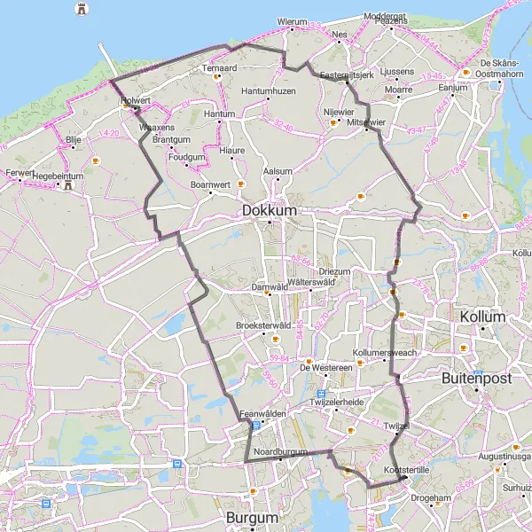 Miniatuurkaart van de fietsinspiratie "Wegroute naar Rinsumageast en De Koaten" in Friesland (NL), Netherlands. Gemaakt door de Tarmacs.app fietsrouteplanner