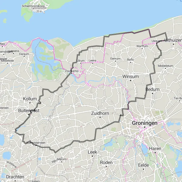 Map miniature of "Road Adventure to Krabburen and Noordpolderzijl" cycling inspiration in Friesland (NL), Netherlands. Generated by Tarmacs.app cycling route planner