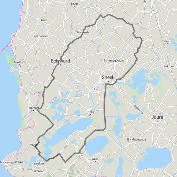 Map miniature of "Koudum and Surroundings" cycling inspiration in Friesland (NL), Netherlands. Generated by Tarmacs.app cycling route planner