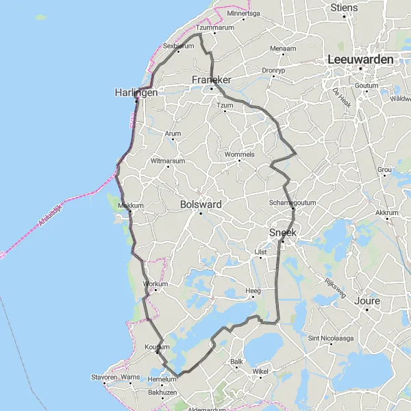 Map miniature of "Frisian Coastal Ride" cycling inspiration in Friesland (NL), Netherlands. Generated by Tarmacs.app cycling route planner