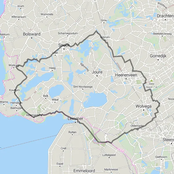Map miniature of "Koudum to Galamadammen and Back" cycling inspiration in Friesland (NL), Netherlands. Generated by Tarmacs.app cycling route planner